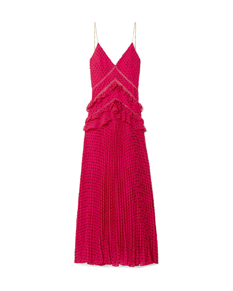 Red Swiss Dot Pleated Maxi Dress